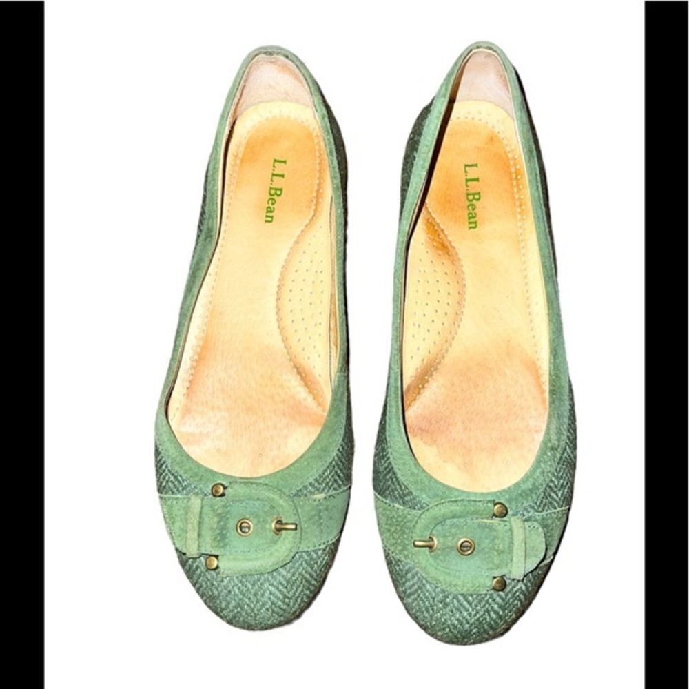 L.L. Bean flat tweed genuine leather suede green loafers 8.5